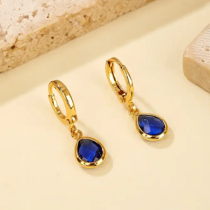 Pair Of Drop Earrings 18k Miami Gold Plated Inlaid Blue Zirconia In Waterdrop Shape