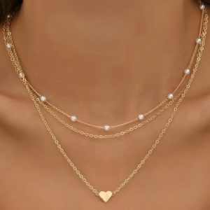 3pcs/set Layered Necklace 18k Miami Gold Love Heart Pendant Necklace, Imitation Pearl Clavicle Chain