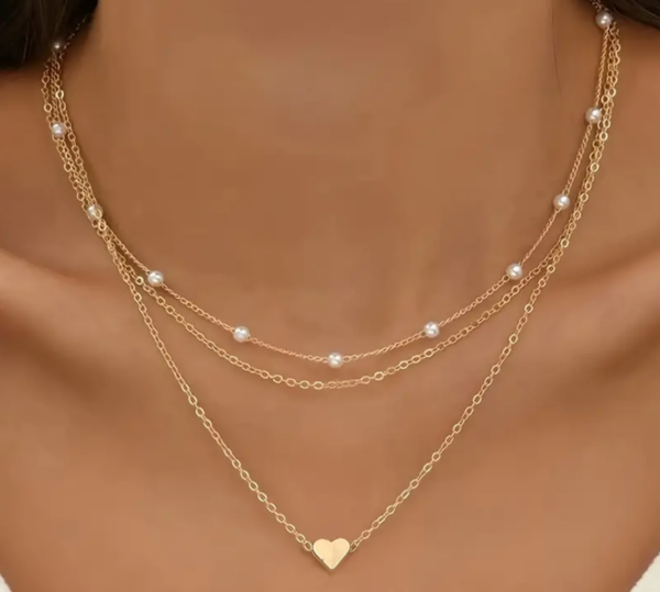 3pcs/set Layered Necklace 18k Miami Gold Love Heart Pendant Necklace, Imitation Pearl Clavicle Chain