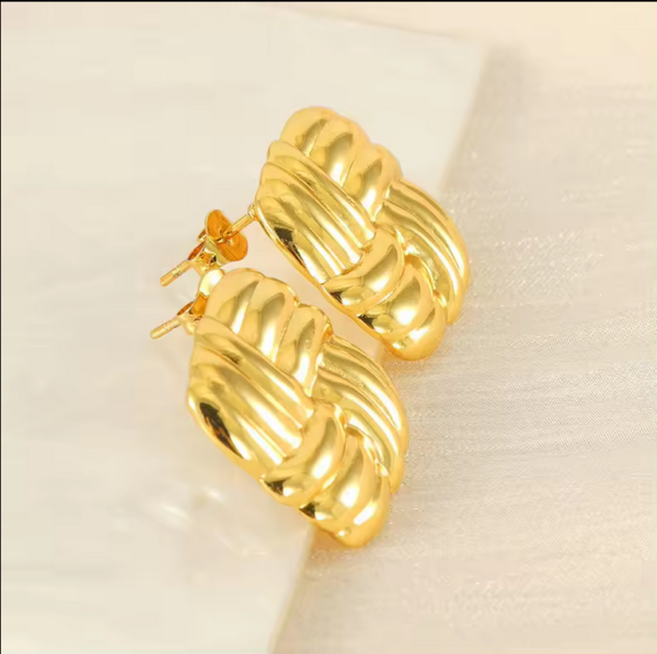 Chunky Twisted Stud Earrings Women Vintage Hypoallergenic 18k Miami Gold Plated Stainless Steel Stripe Square Earrings