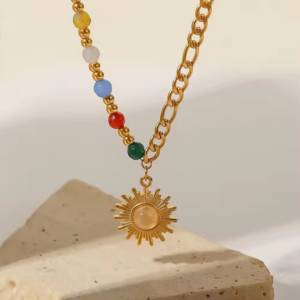 Natural Cat Eye Opal Charm Chain Fashion Women Sun Pendant 18k gold Miami Necklace