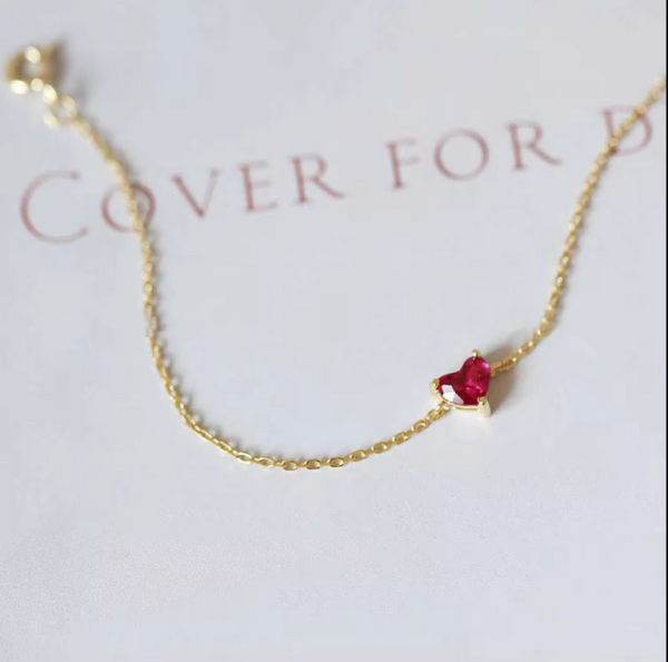 Exquisite 14K Gold Sterling Red Gem Cubic Zicron Heart Bracelet