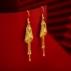 24K Gold Plated Brass Hollow Leaf Earrings with Tassels, Vintage Luxurious Dangle Hook