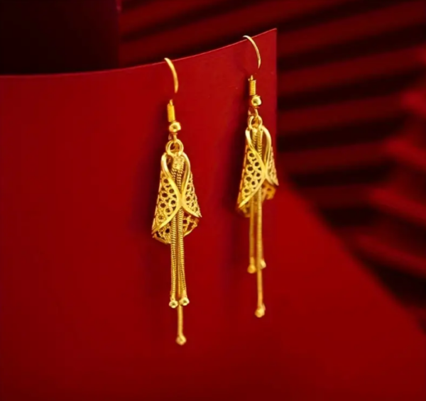 24K Gold Plated Brass Hollow Leaf Earrings with Tassels, Vintage Luxurious Dangle Hook