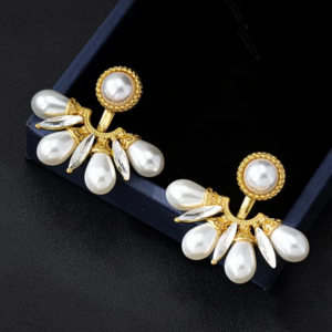 Tribal Vintage Fan-Shaped Glass Pearl Drop 18K Gold Stud Earrings