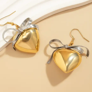 14K Gold Plated Heart Drop Earrings with Bow Detail