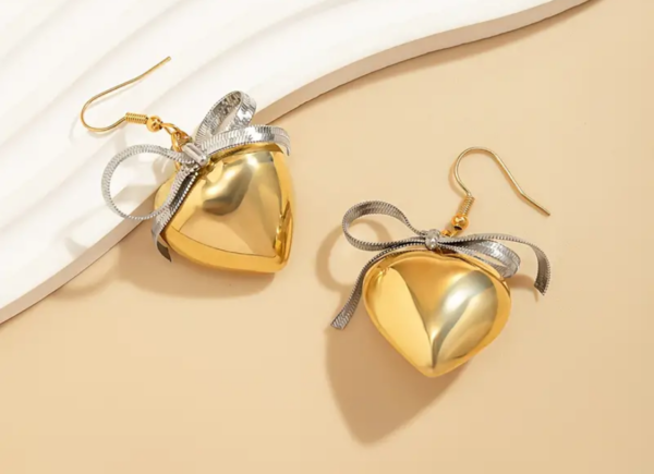 14K Gold Plated Heart Drop Earrings with Bow Detail